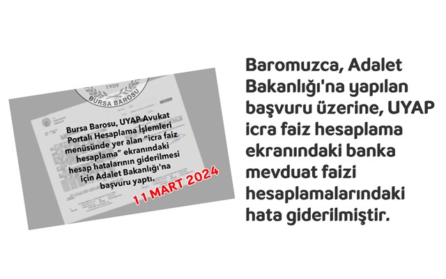 UYAP icra faiz hesaplama ekranındaki hata giderildi